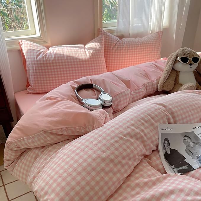 Nayoroom Gingham Duvet Cover King Size Reversible Pink Plaid Checkered Duvet Cover 3 Pieces Soft Breathable Washed Microfiber Girls Dorm Bedding Set for All Seasons