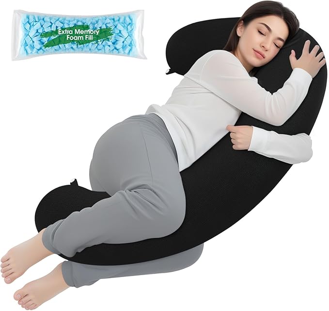TranquilRelax C Shaped Body Pillow for Side Sleepers, Memory Foam Long Pillow for Leg, Hip & Back Support, Soft Washable Cover,Black-47 * 10"