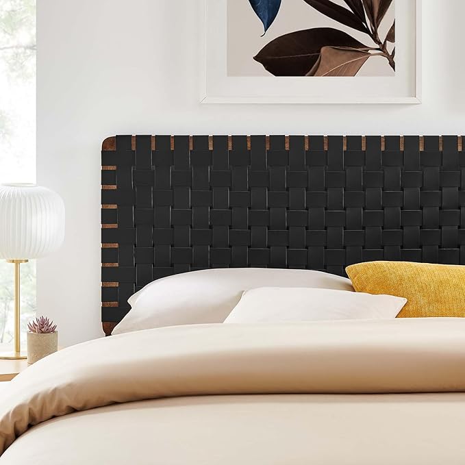 Modway Sparta Vegan Leather Weave King Headboard in Walnut Black Faux Leather King Headboard Only, Height Adjustable Headboard, Freestanding Headboard for Primary Bedroom or Guest Room