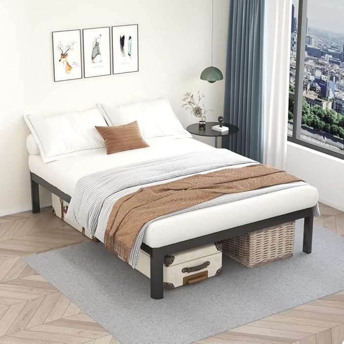 MAF 14 Inch Full Size Platform Bed Frames with Wooden Slats, Black 3500 Lbs Heavy Duty Metal Bed Frame with Anti-Collision Round Legs, No Box Spring Needed, Easy Assembly