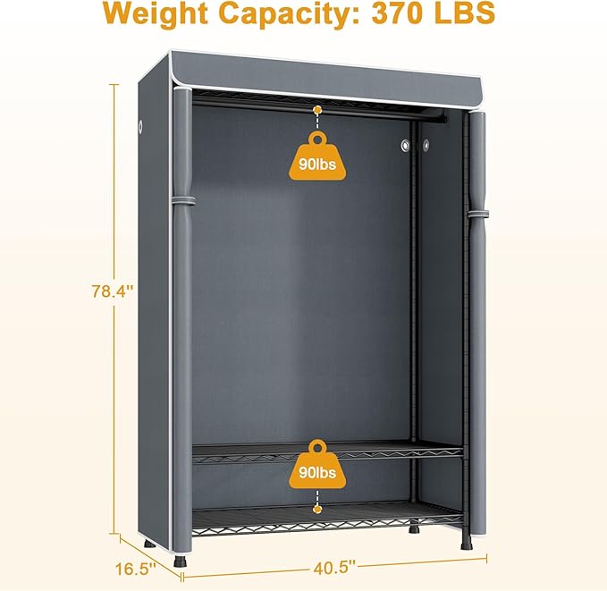 ULIFHOME H5C Plus Clothes Rack with Cover, Portable Closet for Hanging Clothes, Covered Clothing Racks Heavy Duty, Garment Racks with Shelves, Max Load 370LBS, Black Closet Rack with Gray Cover