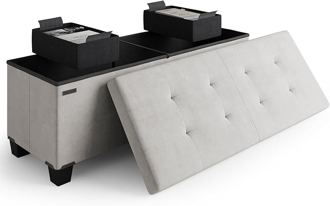 Storage Ottoman Bench with Bins, 43-in Storage Bench for Bedroom End of Bed, Folding Foot Rest Ottoman for Living Room Max 660lbs, Velvet Ottomans, Light Grey