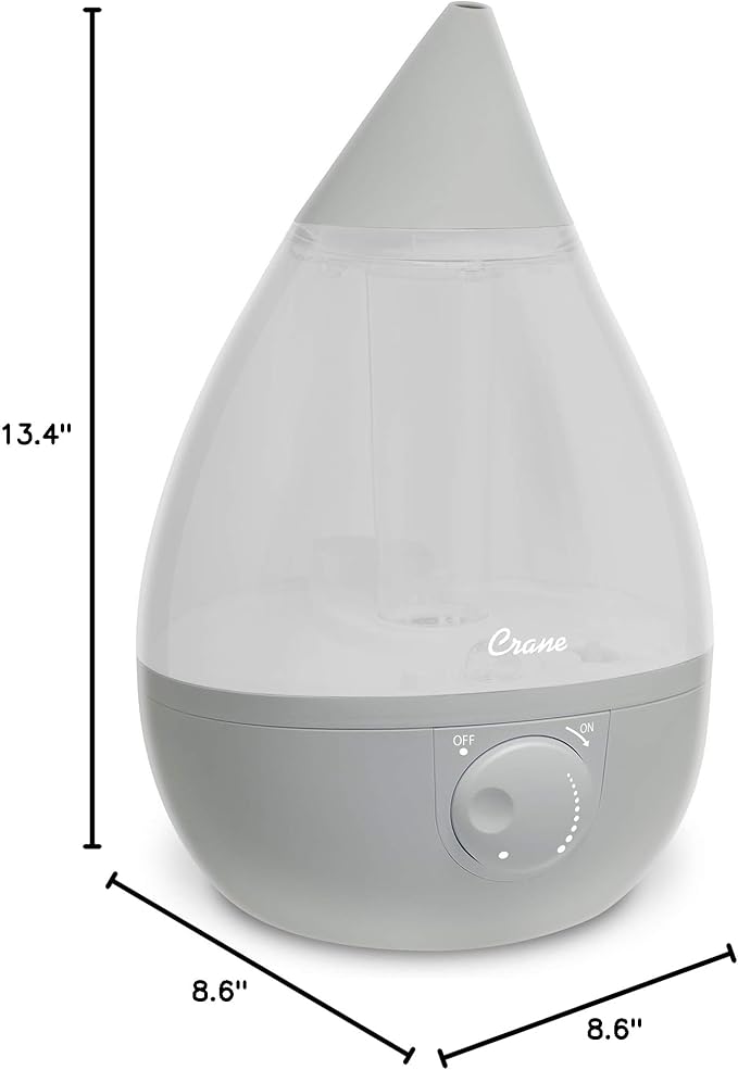 Crane Ultrasonic Cool Mist Humidifier for Bedroom, Baby Nursery, Kids Room, Plants, or Office, Large 1 Gallon Tank, Filter Optional, Grey