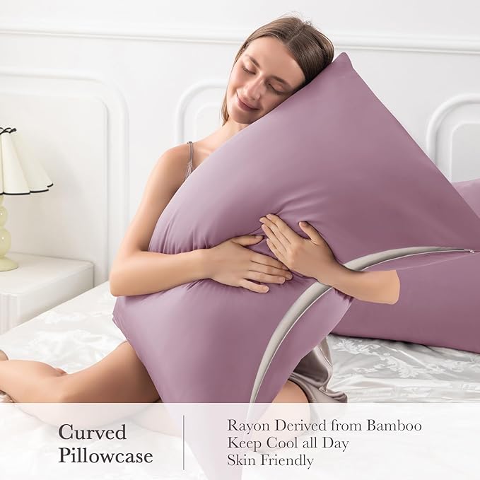 Curved Pillow Case Queen Size, Side Sleeper Pillow Cases Cover Cooling Rayon Derived from Bamboo with Zipper for hot Sleepers Hair and Skin, Breathable Silky Soft Pillowcase 1 Pack 20 * 30 Inches