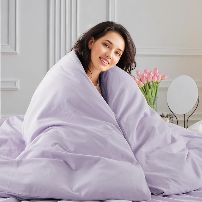 NEXHOME PRO King Duvet Cover Set, 100% Washed Cotton with Linen-Like Texture, Natural Organic, Breathable & Comfortable, Includes Home Bedding Set Lilac (No Comforter) 10490
