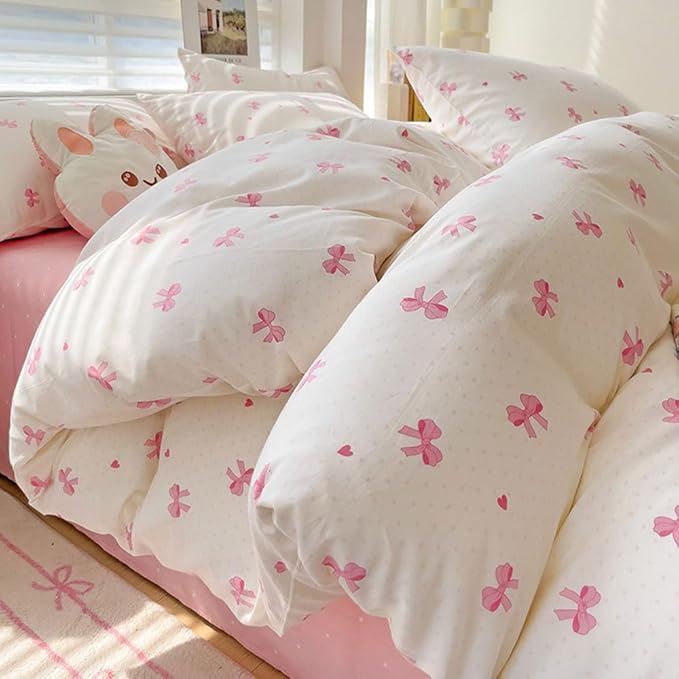 Nayoroom Pink Bow Duvet Cover Twin Size Heart Bows Printed Coquette Bedding Set 2 Pcs Kids Girls Cute Comforter Cover with Zipper Closure Soft Breathable Microfiber