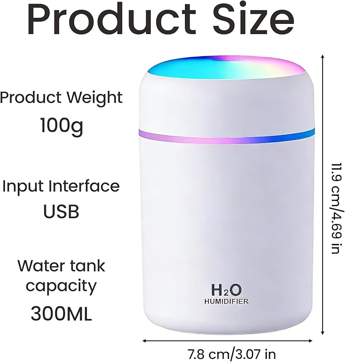 Portable Colorful Cool Mini Humidifier, USB Personal Desktop Humidifier,. Perfect for Bedroom, Office & Car(300ml, White)