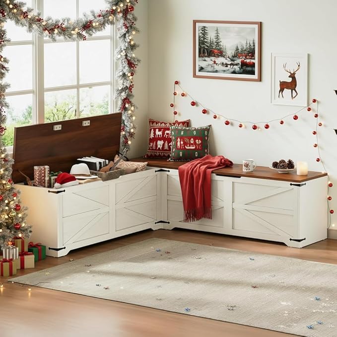 DWVO L-Shaped Storage Bench, 18" High Corner Dining Bench with Safety Hinges, Wooden Nook Chest for Living Room, Bedroom