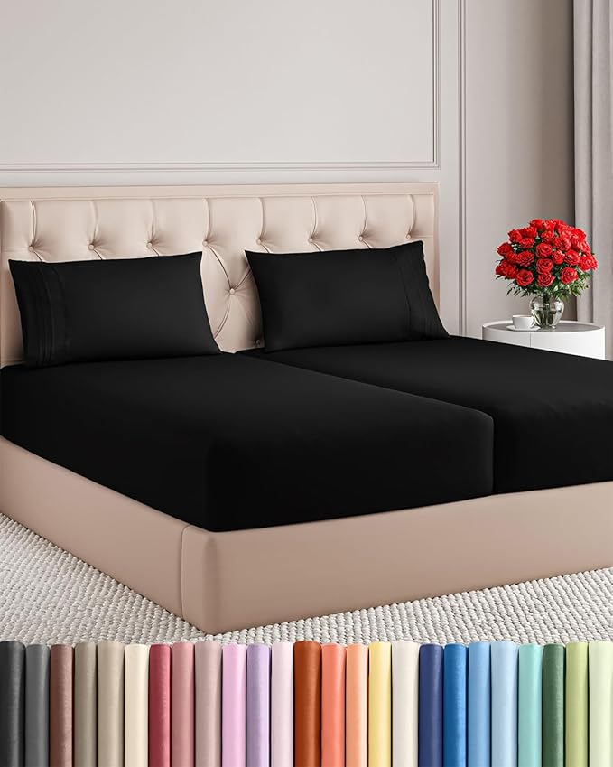 Split King Size 5 Piece Sheet Set - Comfy Breathable & Cooling Sheets - Hotel Luxury Bed Sheets for Women & Men - Deep Pockets, Easy-Fit, Soft and Wrinkle Free Sheets - Black Oeko-Tex Bed Sheet Set