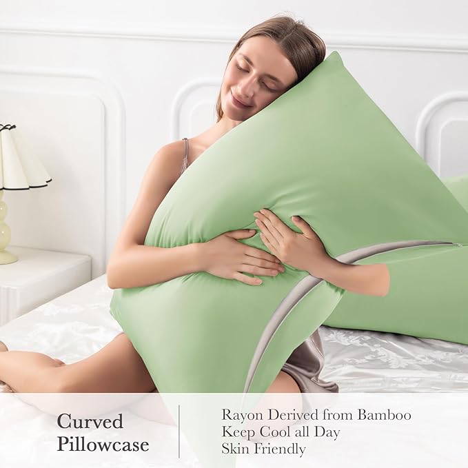 Curved Pillow Case Queen Size, Side Sleeper Pillow Cases Cover Cooling Rayon Derived from Bamboo with Zipper for hot Sleepers Hair and Skin, Breathable Silky Soft Pillowcase 1 Pack 20 * 30 Inches