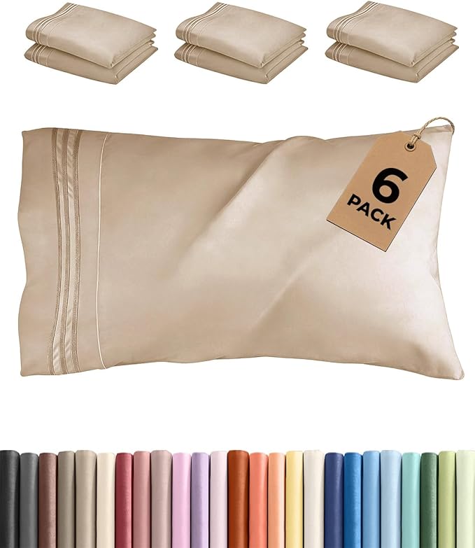 King Pillow Cases Set of 6 - Ultra Soft Hotel Quality Pillowcase Covers - Comfy & Wrinkle Free - Shrink, Stain and Fade Resistant - Easy-Care, Machine Washable Pillow Protectors - 6 Piece Set - Cream