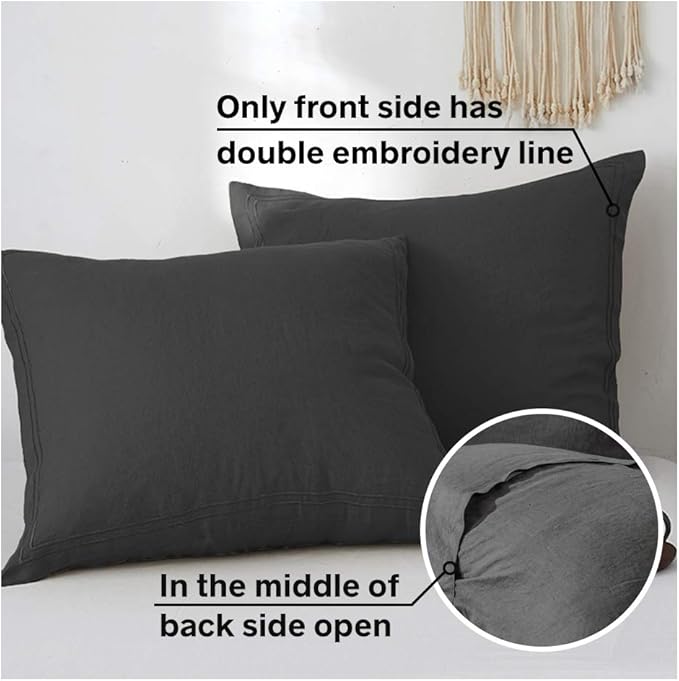 Simple&Opulence 100% French Linen Euro Shams with Embroidery (26'' x 26'') - Pack of 2 - Pre Washed Solid Color Natural Flax Soft Breathable - Dark Grey