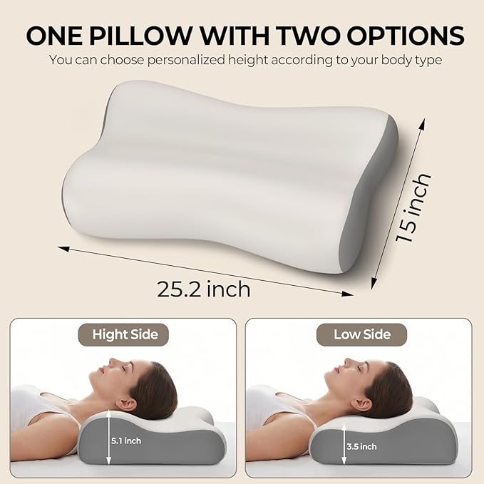 Polovo Cervical Neck Pillow for Pain Relief - Ergonomic Side Sleeper Pillow for Deep Sleep, Contour Memory Foam Pillows for Sleeping Bed Pillow for Side Back Stomach Sleepers with Cooling Pillowcase