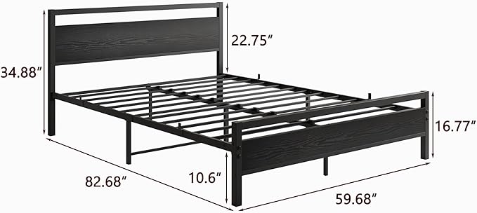 HOJINLINERO Queen Bed Frame with Wood Headboard,Metal Platform Bed Frame Queen Size with Storage No Box Spring Needed,Heavy Duty Queen Size Bed Frame Metal Slats Support Mattress Base No Noise,Black
