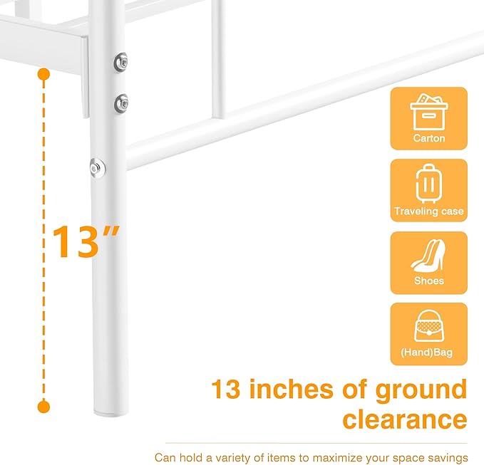 VECELO 14 inch Queen Bed Frame White Beds Metal Platform Mattress Foundation with headboard Footboard Steel Slat Support/No Box Spring Needed/Easy Assembly