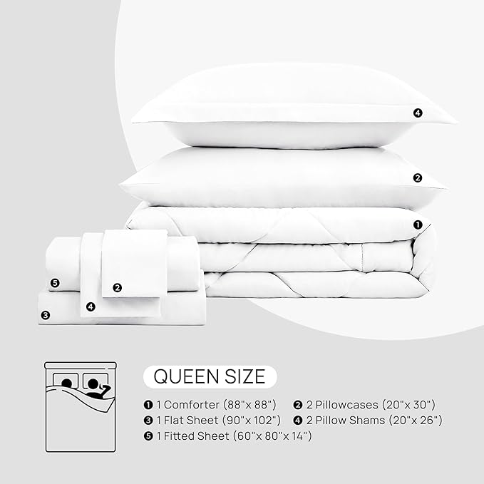 Love's cabin Queen Comforter Set White, 7 Pieces Queen Bed in a Bag, All Season Bedding Sets with 1 Comforter, 1 Flat Sheet, 1 Fitted Sheet, 2 Pillowcase and 2 Pillow Sham | Soft, Breathable, Lightweight, Comfortable