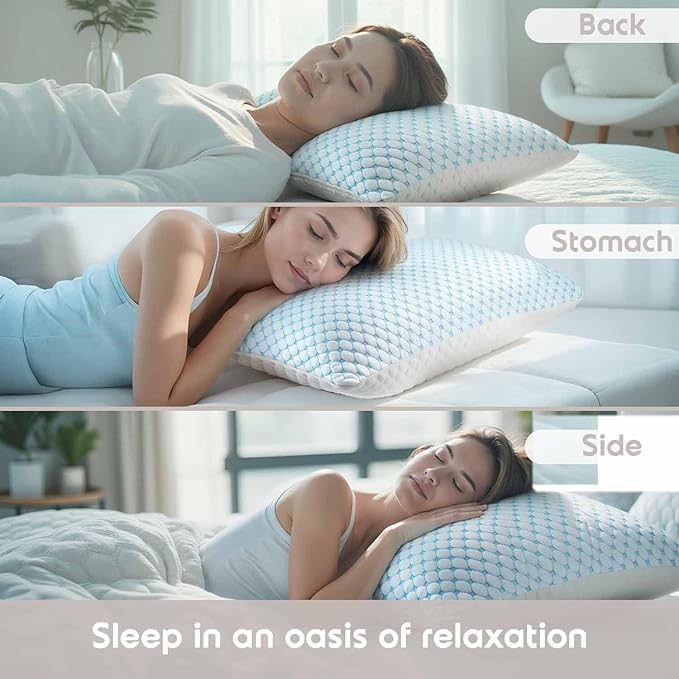 Nestl Cooling Pillow for Sleeping 2 Pack, Luxury Shredded Memory Foam Pillows Standard Size Set of 2, Adjustable Cold Gel Pillows for Hot Sleepers Supportive Cool Pillow for Side Back Stomach Sleepers