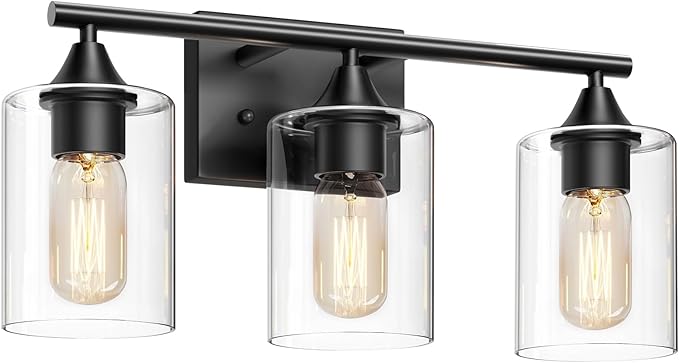 Bathroom Lighting Fixtures Over Mirror,3-Light Black Bathroom Vanity Light,Sconces Wall Lighting with Clear Glass Shade,Light Fixture for Bedroom Living Room Vanity Table Hallway