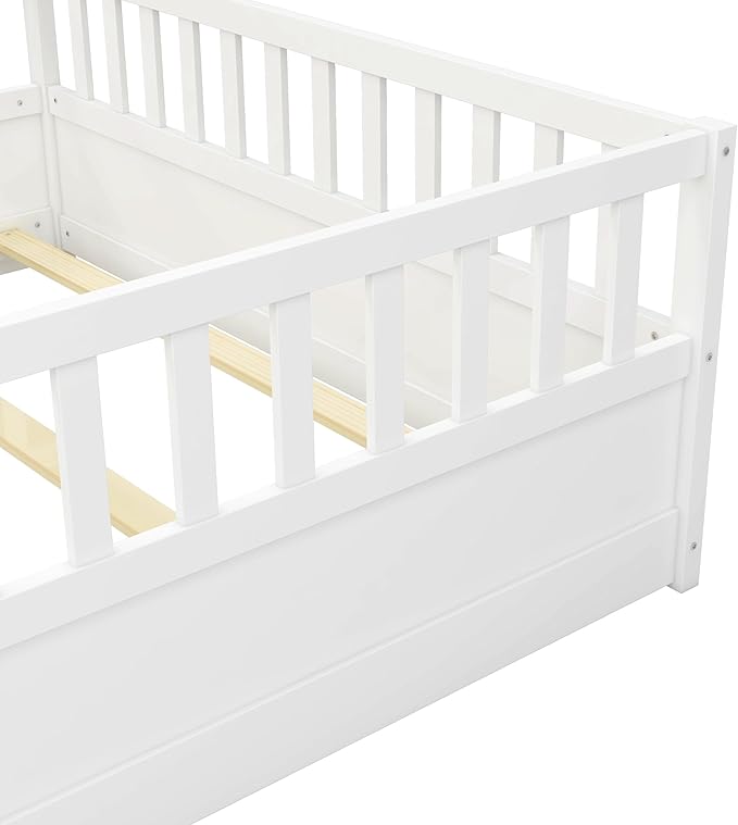 Full Floor Bed with Slats and High Fence, Full Size Montessori Floor Beds with Door, No Box Spring Needed, Easy Assemble Montessori Bed Frame(White Full)
