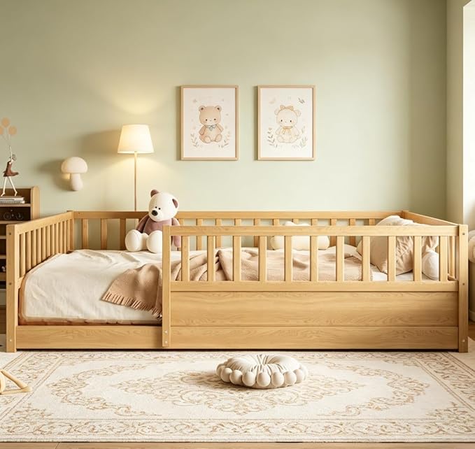 Bellemave Full Floor Bed with high Fence, Solid Pine Wood Montessori Bed for Kids Girls Boys Floor Bed Frame, Natural with slats