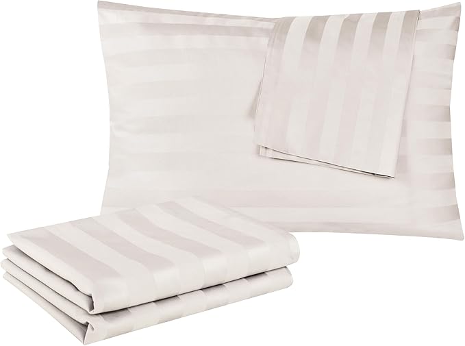 100% Egyptian Cotton Pillow Protectors Set of 2, 400 Thread Count Sateen Weave Cooling Pillowcase, Easy Care Zippered Style Pillow Covers (Stripe-Light Beige, Standard)