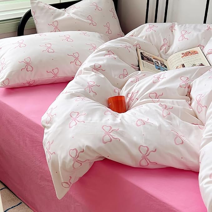 Nayoroom Pink Bow Duvet Cover Queen Size Polka Dot Bowknot Coquette Duvet Cover 3 Pieces Soft Lightweight Microfiber Girls Cute Aesthetic Dorm Bedding Set