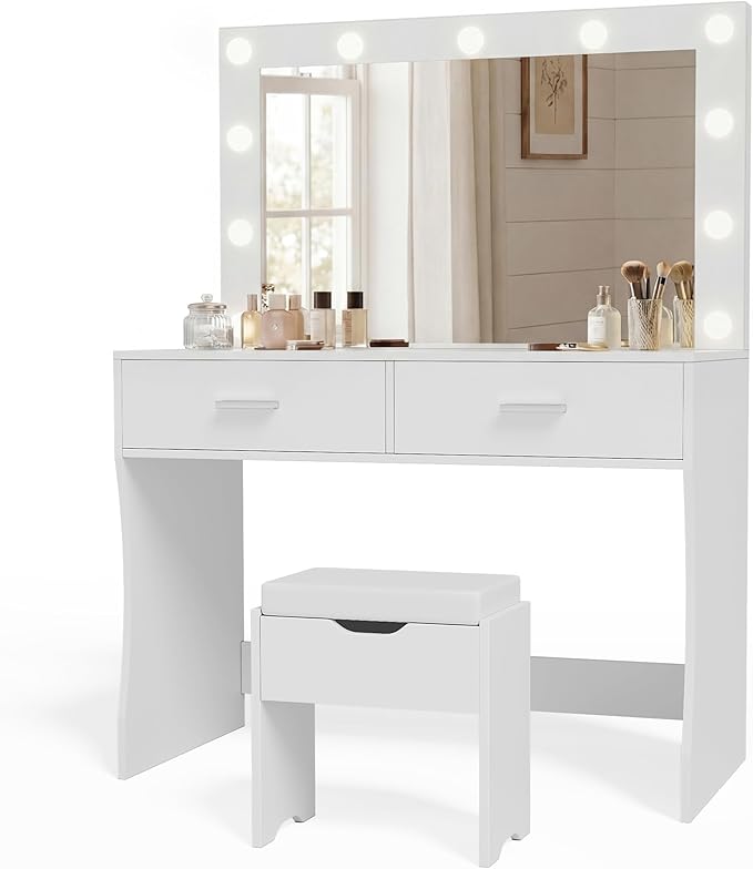 YESHOMY Vanity Desk with Mirror,Makeup Vanity Table with 11 Adjustable Lights and 2 Spacious Drawers,3 Lighting Modes with Control&Soft-Padded Storage Stool,Modern Bedroom Vanity Set, White
