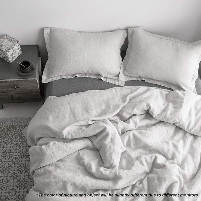 Simple&Opulence 100% Linen Duvet Cover Set with Embroidery Border Washed - 3 Pieces (1 Duvet Cover with 2 Pillow Shams) with Button Closure Soft Breathable Farmhouse - Light Grey, Full Size