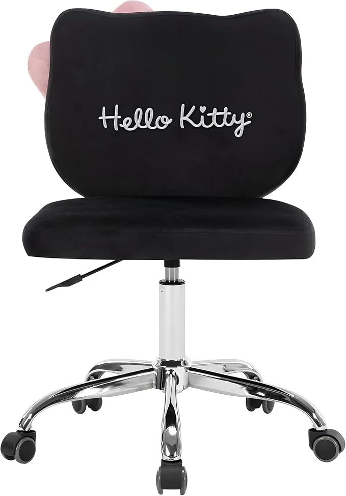 Impressions Vanity Hello Kitty Kawaii Swivel Vanity Chair for Makeup Room, Adjustable Height Cute Desk Chair with Wheels Rolling, Comfy Polyurethane Foam Back Armless Chair for Dorm (Black)