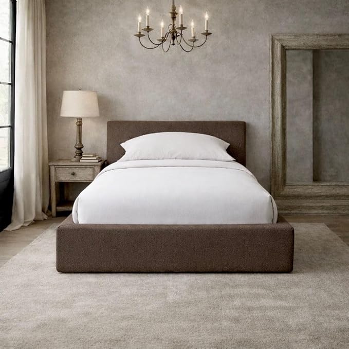 Square Bed – Washable Cover - Soft Upholstered Linen - Minimalist Modern - Sold Separately (Waterproof Brown Linen, Twin Headboard)
