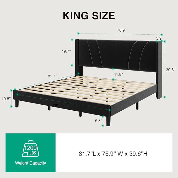 Novilla King Bed Frame, King Bed Frame and Headboard, Velvet Upholstered Wing Side Headboard, No Box Spring Needed, Heavy Duty Feet, Easy Assembly, Black Velvet