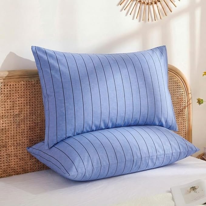 Merryword King Size Pillowcases, 100% Cotton Pillow Cases, Denim Blue Striped Pillowcases, Soft Breathable Pinstripe Pillow Covers, Set of 2