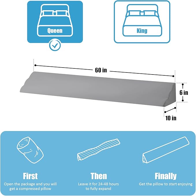MEGCXIT Queen Bed Wedge Pillow for Headboard, 60"x10"x6", Bed Gap Filler Queen, Headboard Pillow, Pillow Wedge for Headboard Gap, Anti-Slip Gap Pillow for Headboards, Grey