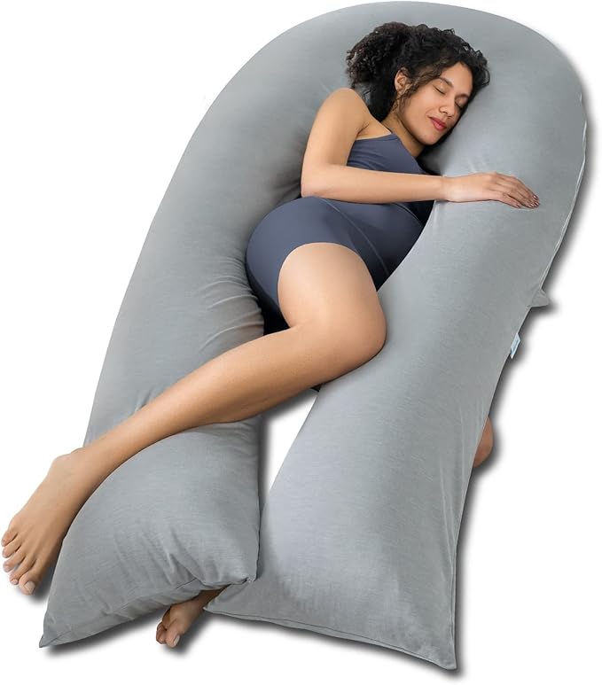 QUEEN ROSE Extra Long U Shaped Body Pillow, Cooling Pregnancy Pillows for Sleeping, 65 Inch Full Body Support Maternity Pillow for Adults, Support for Back, Hip, Legs for Pregnant Women, Grey