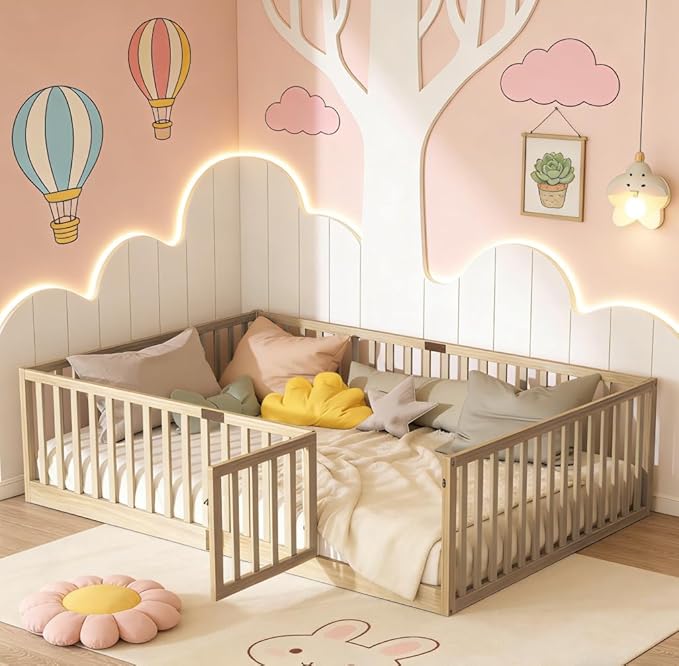 Bellemave Full Size Montessori Floor Bed with 21.5" High Rails, Rubber Wood Full Floor Bed with Slats and Door, Natural