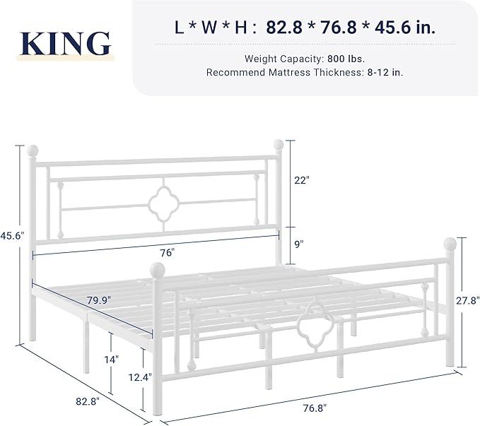 Allewie King Size Metal Platform Bed Frame with Victorian Vintage Headboard and Footboard/Mattress Foundation/Under Bed Storage/No Box Spring Needed/Noise-Free/Easy Assembly, White