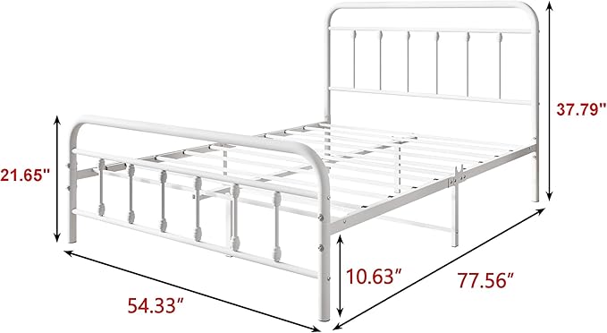 Vintage Full Size Bed Frame with Headboard and Footboard Mattress Heavy Duty Metal Platform Bed Frame Steel Slat Support (Full, White)