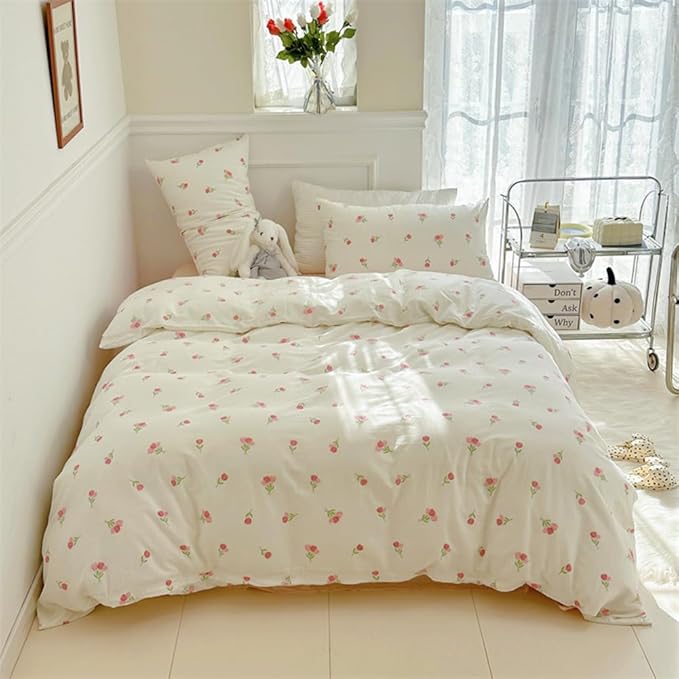 Nayoroom Pink Floral Duvet Cover Full Size Cute Tulip Printed on White Comforter Cover 3Pcs Kids Girls Kawaii Cottagecore Bedding Set with Zipper Closure Soft Breathable Microfiber