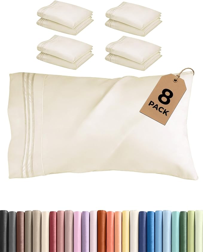 Queen Pillow Cases Set of 8 - Ultra Soft Hotel Quality Pillowcase Covers - Comfy, Cozy & Wrinkle Free - Shrink, Stain and Fade Resistant - Machine Washable Pillow Protectors - 8 Piece Set - Off White