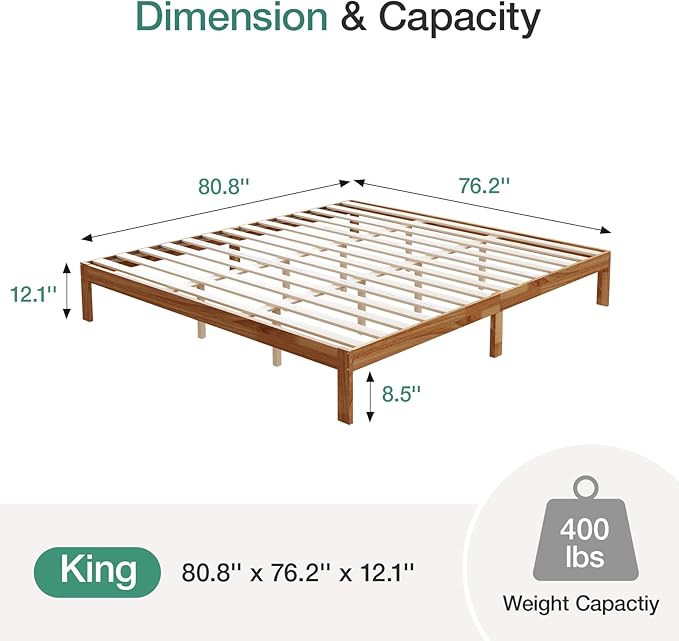 Novilla 12 Inch Wooden King Size Bed Frame, Classic Solid Wood Platform Bed Frame King Size, Sturdy Wood Slat Support, No Box Spring Needed, Easy Assembly