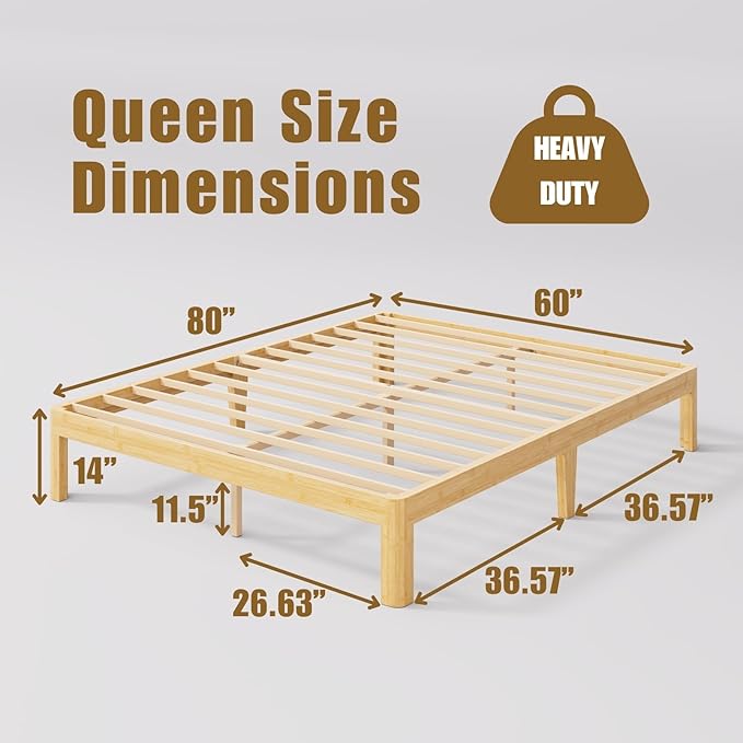 14 Inch High Bamboo Wood Queen Bed Frame Platform, Steel Slat Support Bed Frame Queen Size Foundation, No Box Spring Needed, Easy Assembly, Noise Free, Reinforced