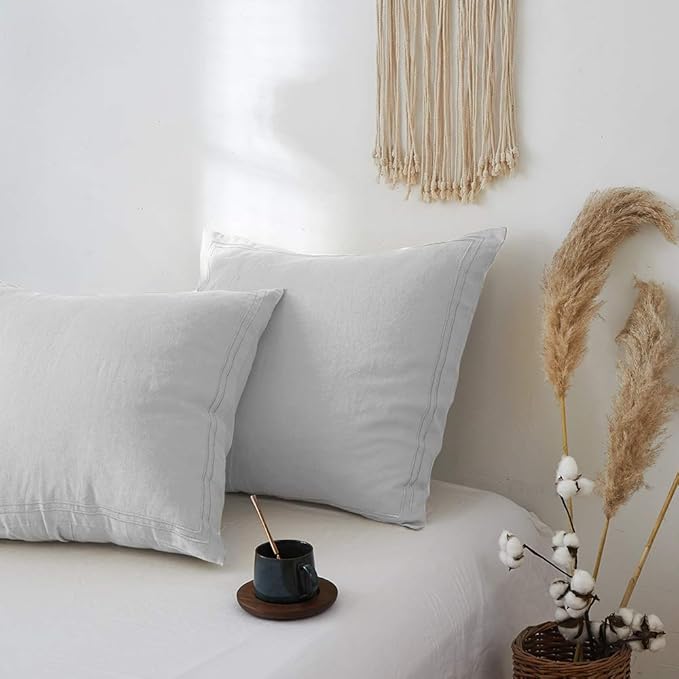 Simple&Opulence 100% French Linen Euro Shams with Embroidery (26'' x 26'') - Pack of 2 - Pre Washed Solid Color Natural Flax Soft Breathable - Grey