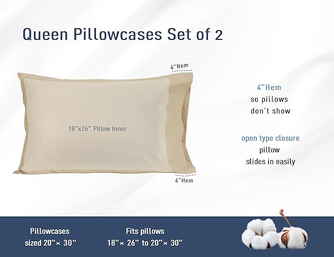 Pillow Cases, Standard Queen Size Cotton Percale Weave Pillowcases, Pre-Shrunk Breathable and Hypoallergenic Pillowcases, Set of 2 (2 Piece Standard/Queen 20 Inch x 30 Inch, Light Brown)