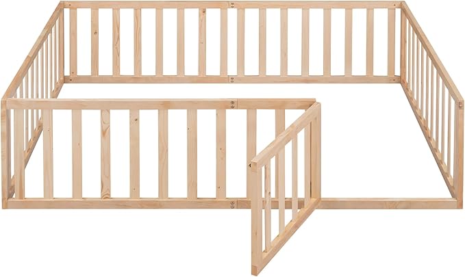 Bellemave Full Size Montessori Floor Bed with 21.7" High Rails, Pine,Plywood Floor Bed with Small Door, Natural