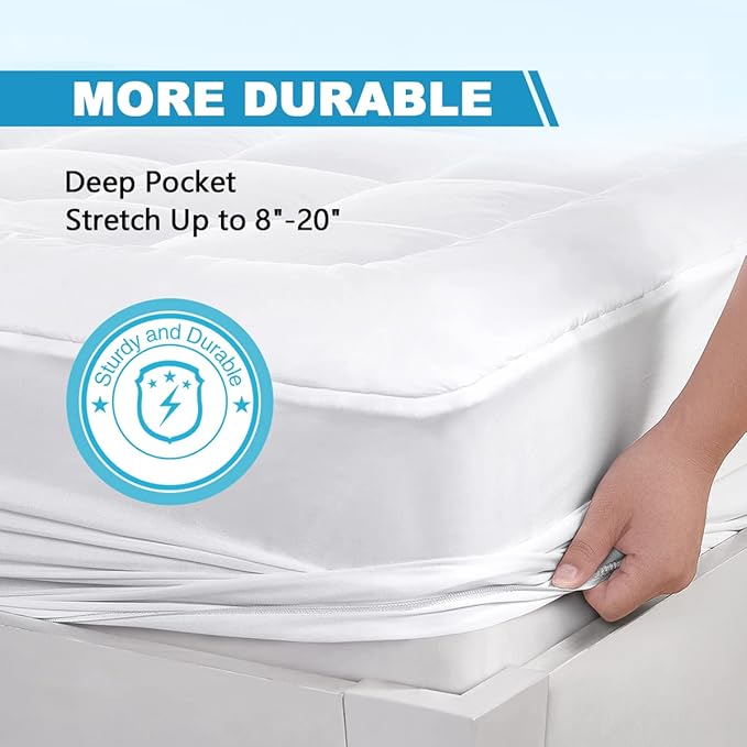 Twin Mattress Pad Cover Top with Stretches to 18” Deep Pocket Fits Up to 8”-21” Cooling White Bed Topper (Down Alternative, Twin Size)