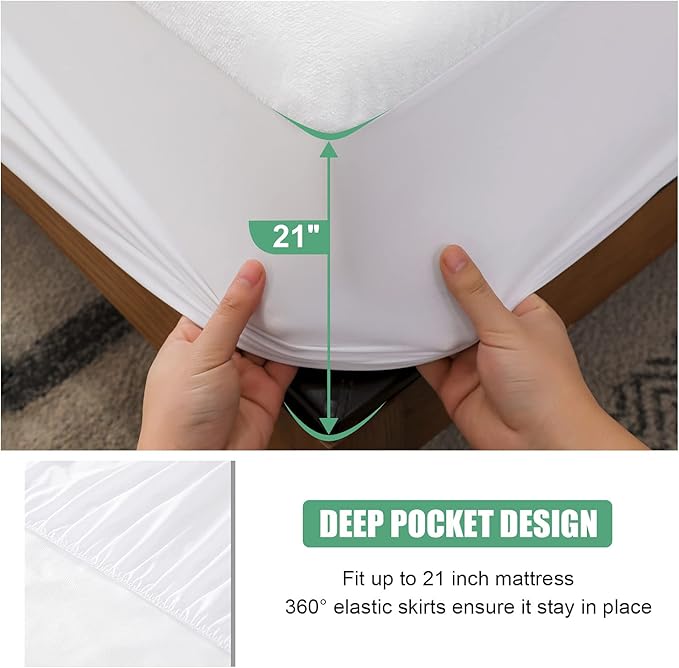California King Size Waterproof Mattress Cover, Premium Terry Top Mattress Cover, Breathable, Noiseless, Cooing & Machine-Washable Bed Cover with 21" Deep Pocket