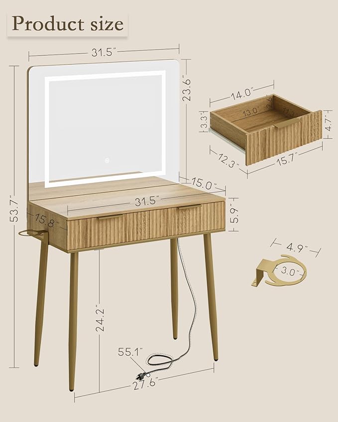Vanity Desk with Large Mirror and Lights, Small Makeup Vanity Table with 2 Drawers, Dressing Table with 3 Adjustable Lighting Color, Small Makeup Desk for Bedroom, Natural with Gold Leg