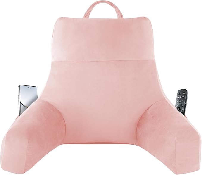 IPYNBAP Back Pillow for Bed Sitting up, Reading Pillow for Sitting in Bed Adult, Back Support Pillow, Memory Foam Sit up Lounge Backrest Pillow with Arms for TV, Couch, Chair, Dorm, 18 Inch, Pink