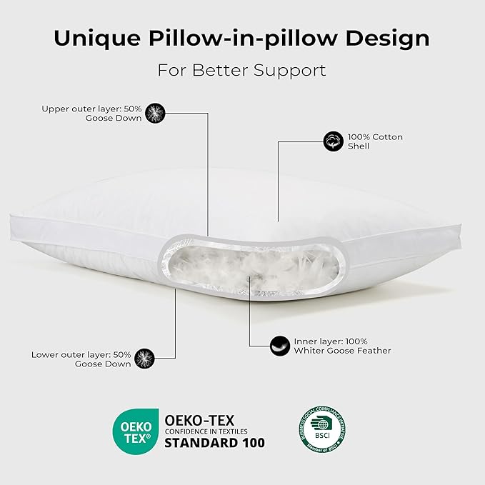 UNIKOME White Goose Down Feather Gusseted Pillows - 100% Cotton Cover - King Size Pillow Set of 2, Made in Japan Pillow for Sleeping