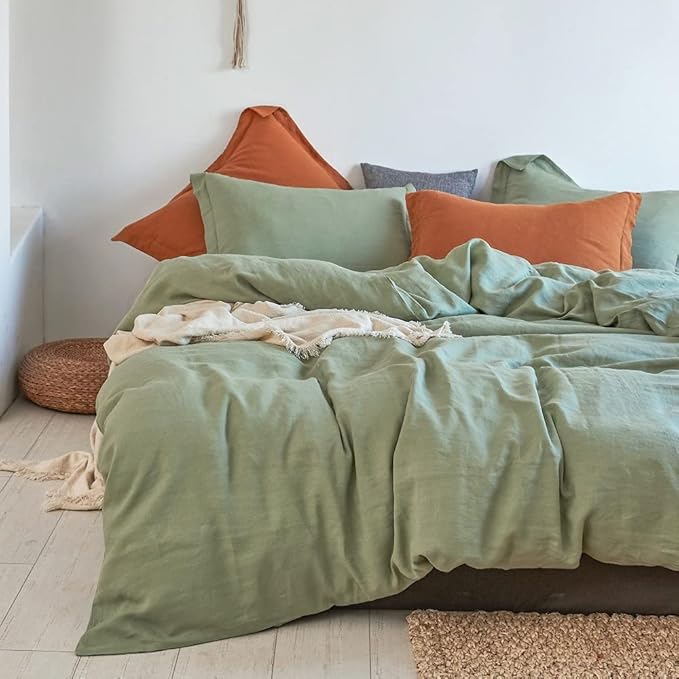 Simple&Opulence 100% Linen Duvet Cover Set 2pcs Basic Style Natural French Washed Flax Solid Color Soft Breathable Farmhouse Bedding with Button Closure - Sage Green, Twin